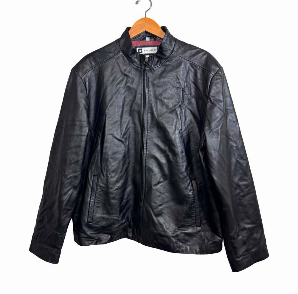Bachrach Men’s Black Leather Full Zip Jacket Stand-Up Collar Lined XXL
